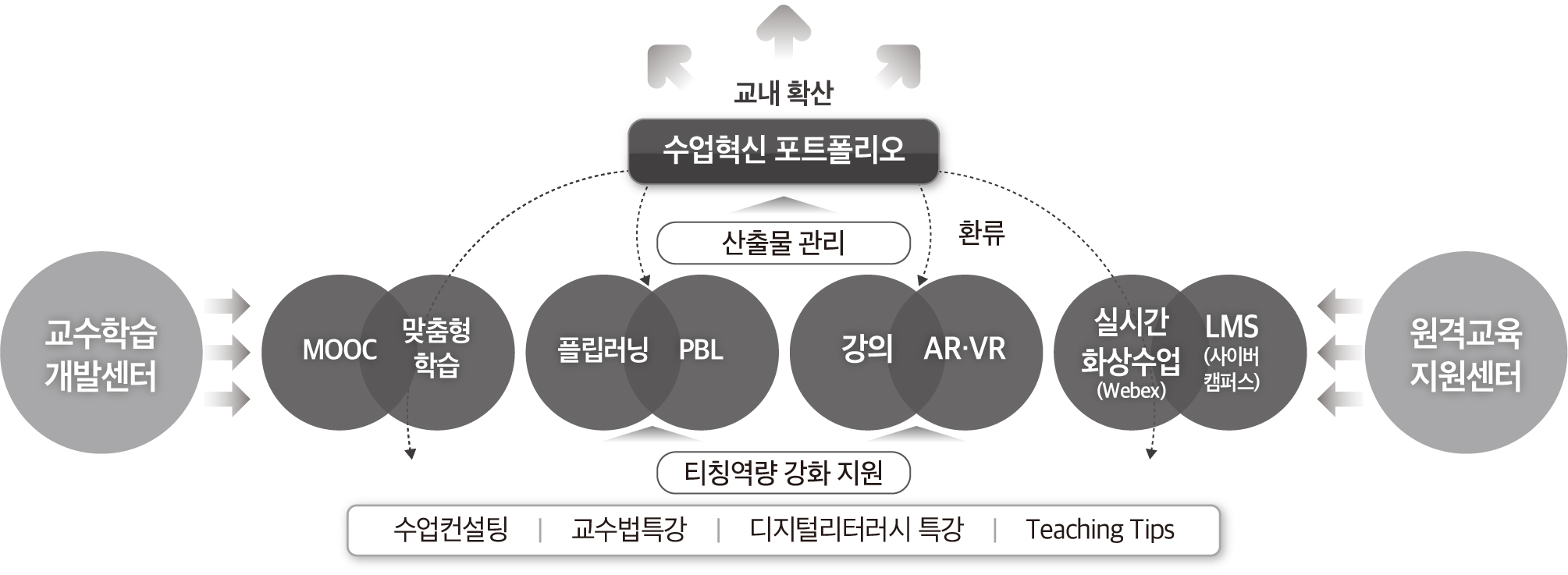 교내 확산 수업혁신 포트폴리오 교수학습개발센터 MOOC,맞춤형학습 플립러닝,PBL, 강의, AR,VR, 실시간 화상수업Webex. LMS(사이버캠퍼스), 원격교육 지원센터 티칭역량 강화 지원, 수업컨설팅, 교수법특강, 디지털리터러시특상, Teaching Tips