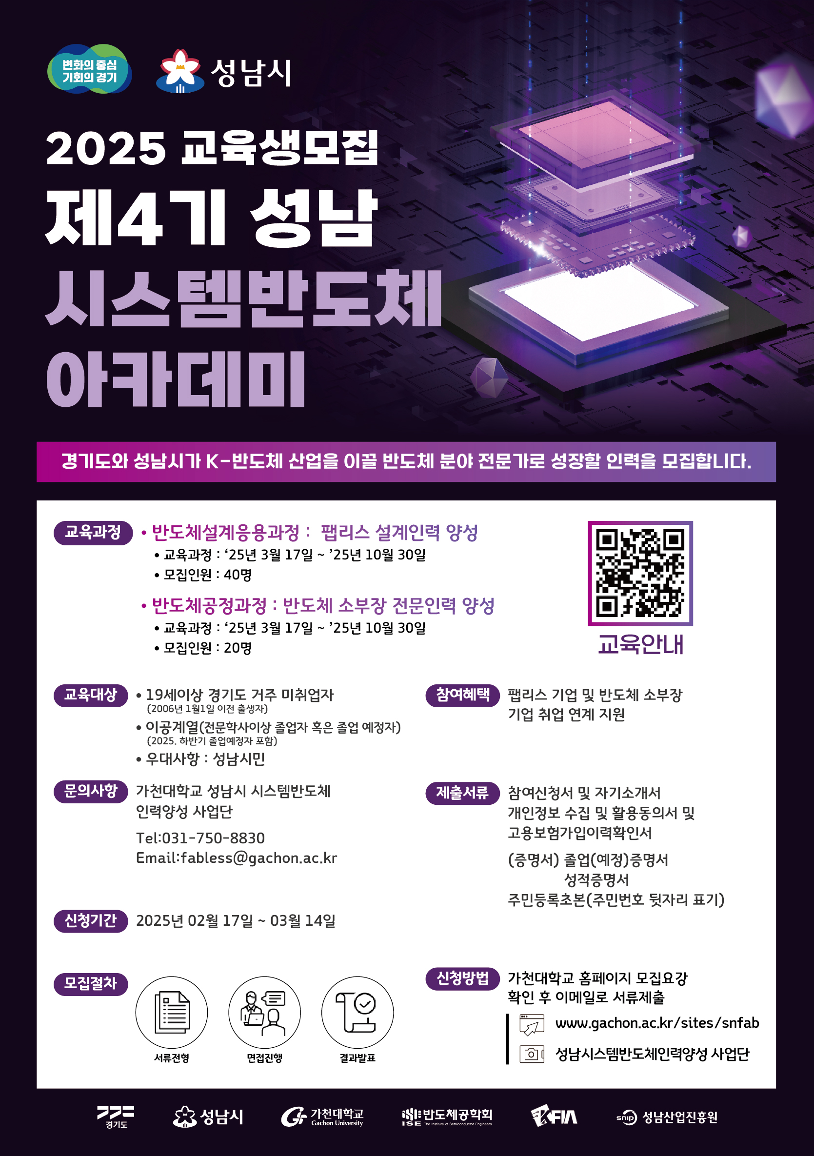 2025 교육색모집 제4기 성남 시스템반도체 아카데미 경기도와 성남시가 k-반도체 산업을 이끌 반도체 분야 전문가로 성장할 인력을 모집합니다.